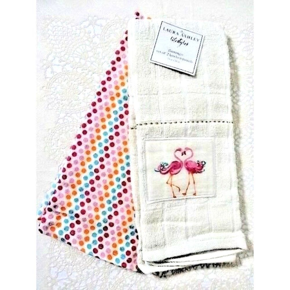 Laura Ashley Flamingo Heart Kitchen Towels 2-pc Retro Dots Cotton Holiday NEW